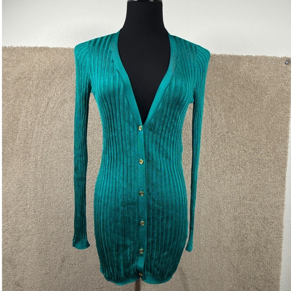 GUESS Womens Small Teal Ribbed Knit V-Neck Button Front Longline Cardigan